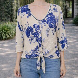 Studio Ivory and Cobalt Floral Blouse